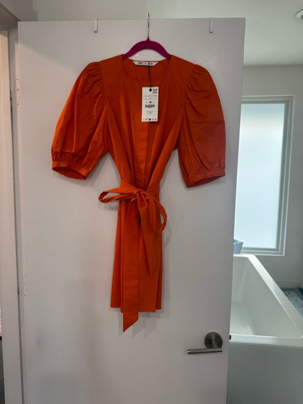 NWT Zara Cotton Poplin Puff Sleeve Button Down Dress in Orange